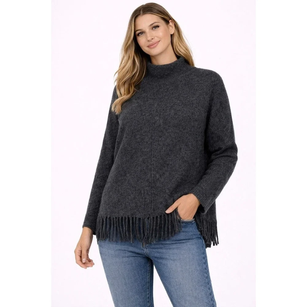 J. Crew Women's Gray Alpaca Wool Blend Sweater Fringe Mock‎ Neck Size M